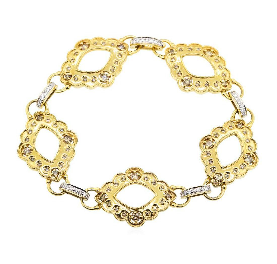 1.18 ctw Diamond Bracelet - 18KT Yellow Gold: One electronically tested 18KT yellow gold lady's combination cast & assembled fashion bracelet with a foldover clasp with a bright polish with milgrain detailing finish. The featured lady's bracelet 