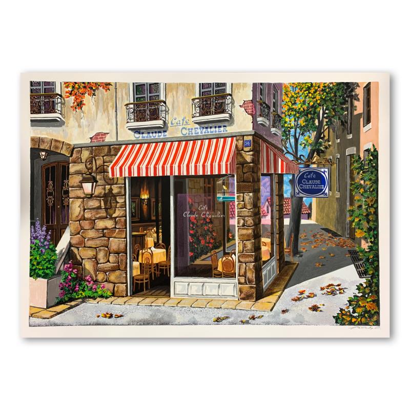 Cafe Claude Chevalier by Ostritzky, Arkady: Cafe Claude Chevalier by Ostritzky, Arkady. This is a limited edition serigraph on paper by Arkady Ostritsky. It is numbered and hand signed and includes a letter of authenticity. Measures approximate