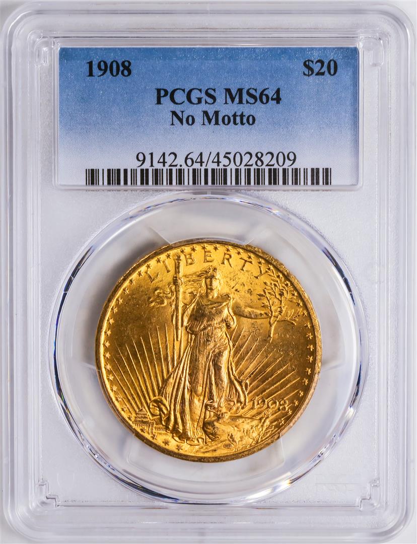 1908 $20 St. Gaudens Double Eagle Gold Coin PCGS MS64: One 1908 $20 St. Gaudens Double Eagle Gold Coin PCGS MS64.