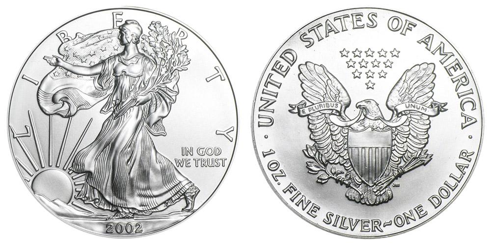 2002 American Silver Eagle .999 Fine Silver Dollar Coin: One 2002 American Silver Eagle .999 Fine Silver Dollar Coin.