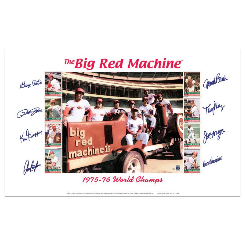 Big Red Machine Tractor by Rose, Pete: Big Red Machine Tractor by Rose, Pete. "Big Red Machine Tractor" is a lithograph featuring signatures from the Big Red Machine's starting eight; Johnny Bench (c), Tony Perez (1b), Joe Morgan (2b), Dav