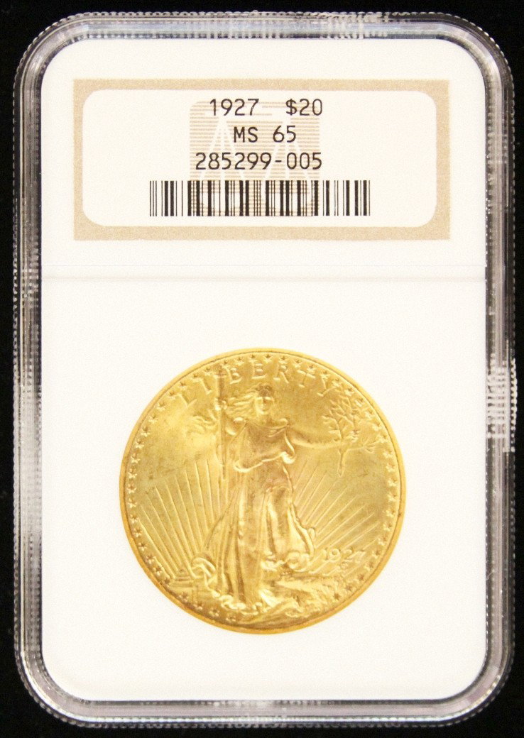 1927 $20 NGC MS65 St. Gaudens Double Eagle Gold Coin GF: 1927 $20 NGC MS65 St. Gaudens Double Eagle Gold Coin GFR8. As-Is Condition! UY1932TR. 1927 $20 NGC MS65 St. Gaudens Double Eagle Gold Coin. Thank you for viewing this lot. We are always adding new inv
