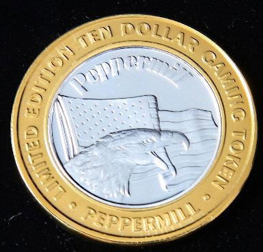 Peppermill Limited Edition $10 Gaming Token. GT219: Peppermill Limited Edition $10 Gaming Token. GT219. Excellent Condition! LZ41EI. .999 Fine Silver Peppermill Limited Edition $10 Gaming Token. Reno, NV. Thank you for viewing this lot. We are always a