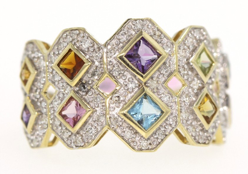14KT Yellow Gold Colored Stones and Diamond Ring FJM427: 14KT Yellow Gold Colored Stones and Diamond Ring FJM427. Excellent Condition! NG302TH. One 14KT yellow gold colored stones and diamond ring. Features 10 different colored stones surrounded by round di