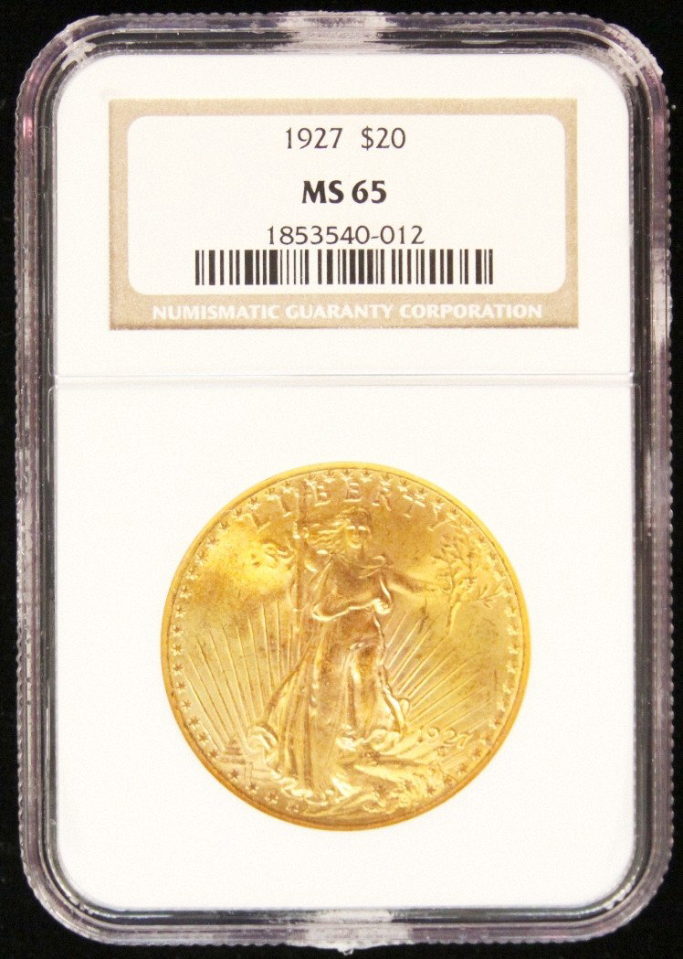 1927 $20 NGC MS65 St. Gaudens Double Eagle Gold Coin GF: "1927 $20 NGC MS65 St. Gaudens Double Eagle Gold Coin GFR9. As-Is Condition! KU1932NG. 1927 $20 NGC MS65 St. Gaudens Double Eagle Gold Coin. Thank you for viewing this lot. We are always adding new in