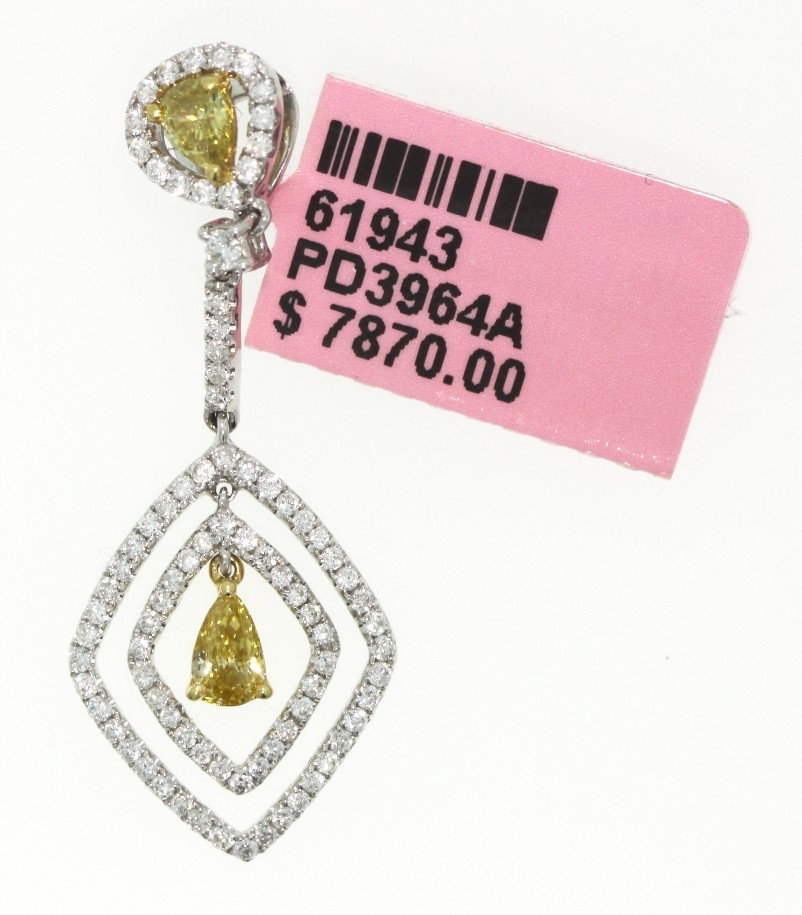 18KT White Gold .37ct Yellow and .45ct White Diamond Pe: "18KT White Gold .37ct Yellow and .45ct White Diamond Pendant FJM257. Excellent Condition! AM787BA. One 18KT white gold yellow and white diamond pendant. Features two yellow diamonds weighing a total 