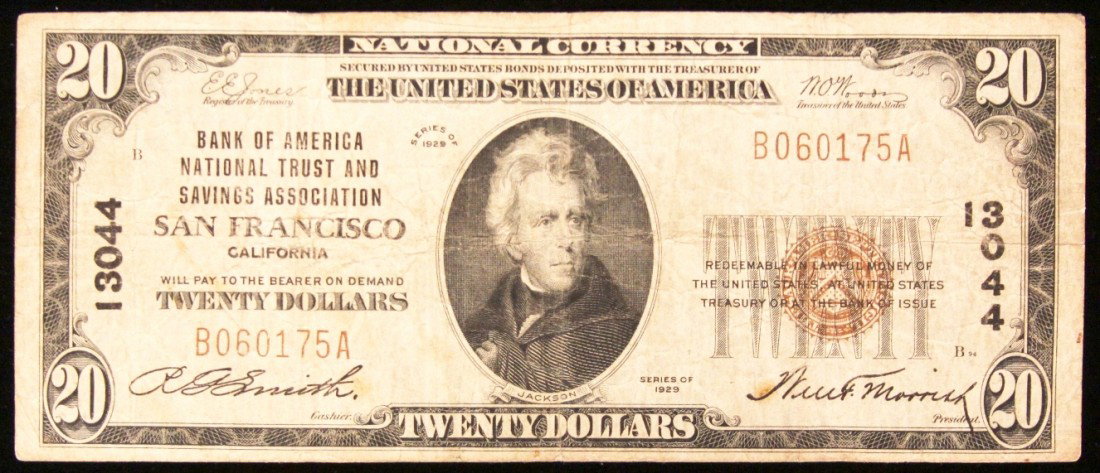 1929 $20 National Currency Note San Francisco BD269: "1929 $20 National Currency Note San Francisco BD269. As-Is Condition! GM84AL. 1929 $20 National Currency Note San Francisco. Thank you for viewing this lot. We are always adding new inventory and new