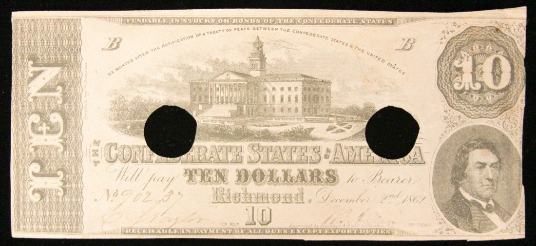 1862 $10 Confederate Currency Note Richmond BD296: "1862 $10 Confederate Currency Note Richmond BD296. As-Is Condition! WA22ST. 1862 $10 Confederate Currency Note Richmond. Thank you for viewing this lot. We are always adding new inventory and new auc