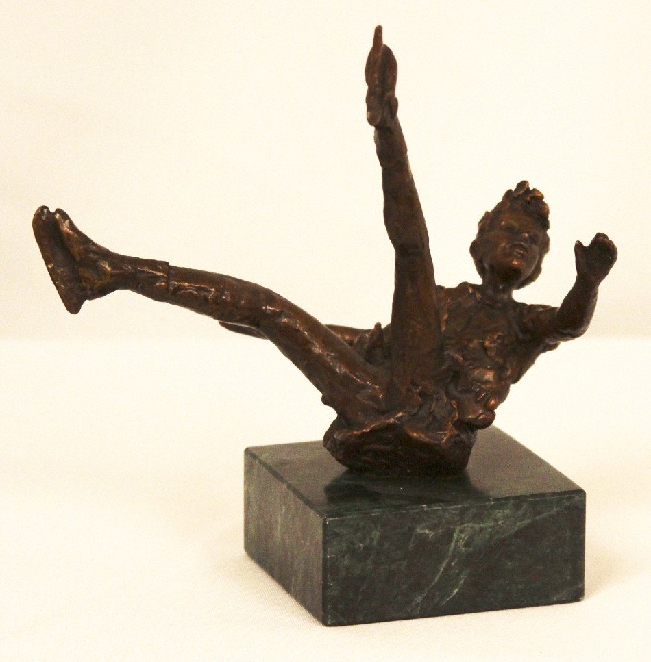 "Falling" by Dennis Smith Bronze Statue BD219: ""Falling" by Dennis Smith Bronze Statue BD219. Excellent Condition! PR16WF. This sculpture depicts a girl who has fallen while skating. The title of this bronze sculpture is "Falling" and it is numbe
