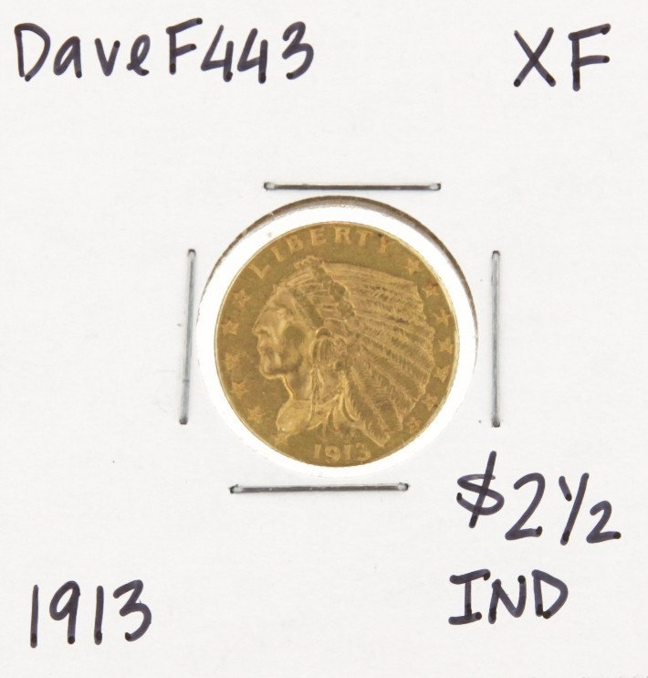 1913 $2-1/2 XF Indian Head Quarter Eagle Gold Coin Dave: "1913 $2-1/2 XF Indian Head Quarter Eagle Gold Coin DaveF443. As-Is Condition! TM672FI. 1913 $2-1/2 XF Indian Head Quarter Eagle Gold Coin. Thank you for viewing this lot. We are always adding new inv
