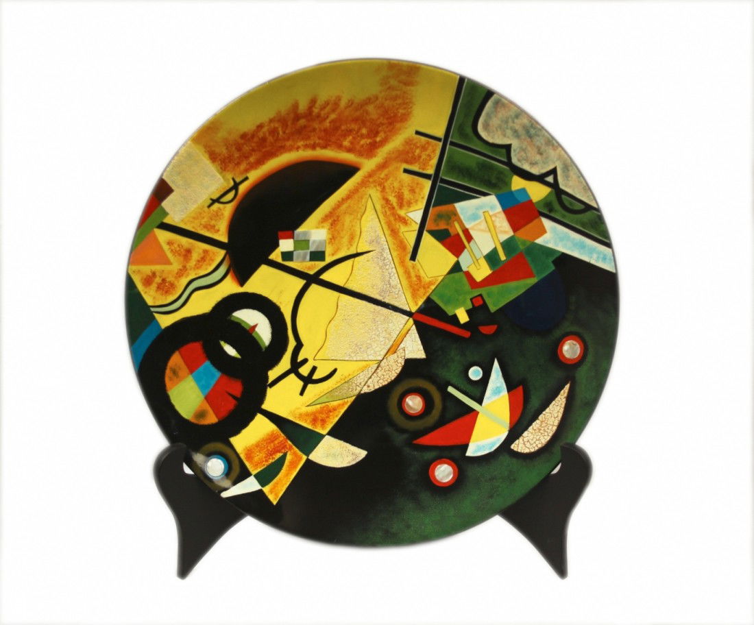 Art Décor' Plate BUI2: "Art Décor' Plate BUI2. Excellent Condition! EN15UV. Measuring 16" diameter this Oriental modern design Art plate has a hanging hook on the back; and also comes with a matte black plate display for t