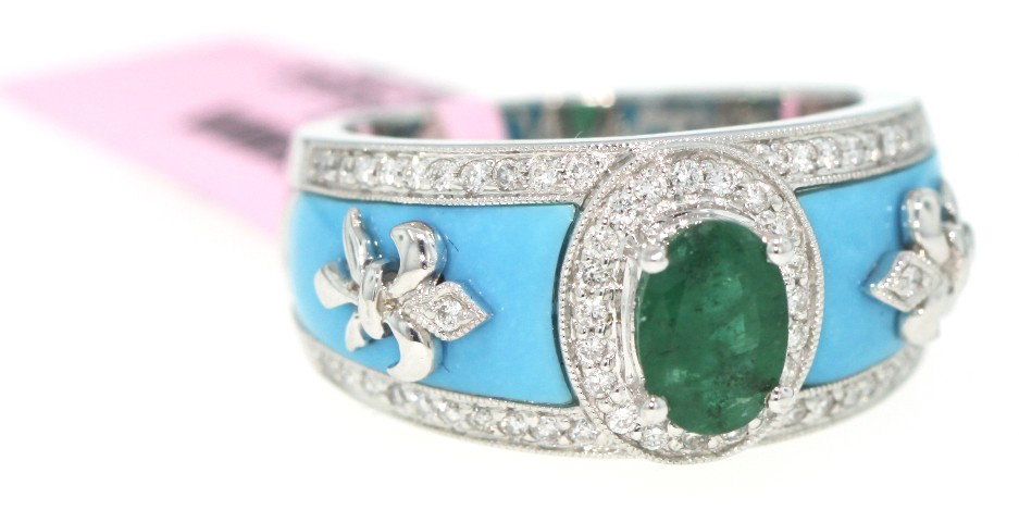 14KT White Gold Emerald, Turquoise, and Diamond Ring FJ: "14KT White Gold Emerald, Turquoise, and Diamond Ring FJM449. Excellent Condition! CR405ES. 14KT white gold emerald, turquoise, and diamond ring. Features one oval cut emerald weighing 0.66cts, 62 rou