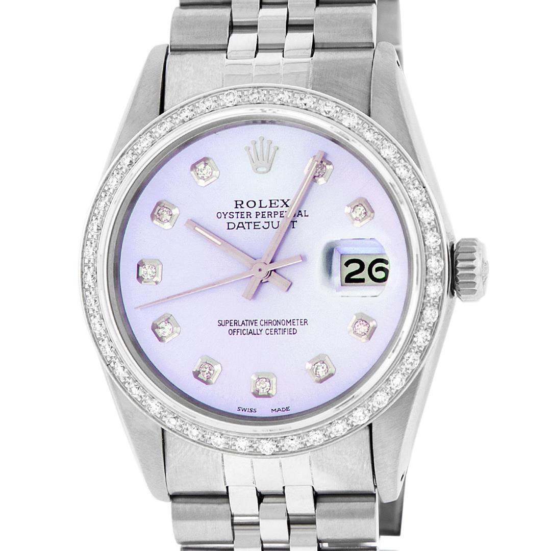 Rolex Mens Stainless Steel Purple Diamond 36MM Datejust Wristwatch Serviced Poli: One Mens Pre Owned Stainless Steel Rolex Datejust Polished, Serviced & Electronically Tested, Rolex Stainless Steel Case: 36mm, Rolex Stainless Steel Crown, Custom Bezel: New 18K White Gold Bead set D