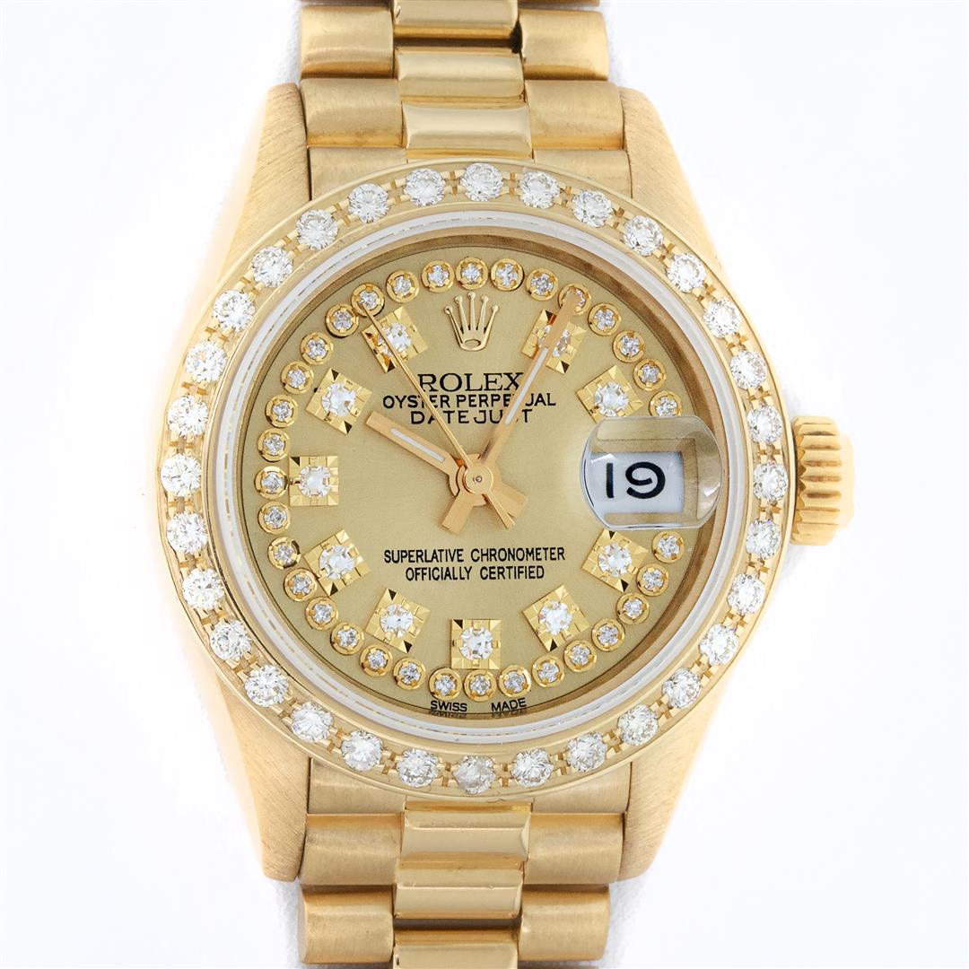 Rolex Ladies 18K Yellow Champagne String Diamond President Wristwatch: One Ladies Pre Owned Quickset Rolex 18K Yellow Gold President Polished, Serviced & Electronically Tested, 18K Yellow Gold Case: 26mm, 18K Yellow Gold Crown, Custom Bezel: New 18K Yellow Gold Bead Set