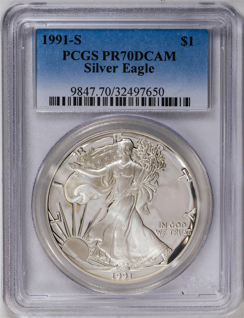 1991-S American Silver Eagle .999 Fine Silver Dollar Coin PCGS PR70DCAM: One 1991-S American Silver Eagle .999 Fine Silver Dollar Coin PCGS PR70DCAM.