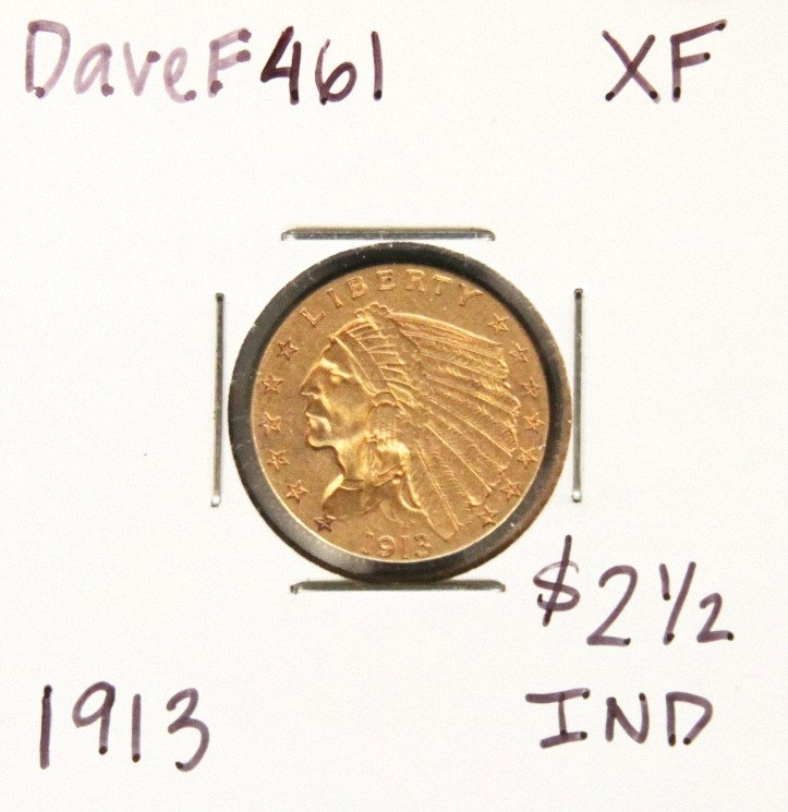 1913 $2-1/2 XF Indian Head Quarter Eagle Gold Coin Dave: "1913 $2-1/2 XF Indian Head Quarter Eagle Gold Coin DaveF461 As-Is Condition! LM672RK. 1913 $2-1/2 XF Indian Head Quarter Eagle Gold Coin. Thank you for viewing this lot. We are always adding new inve