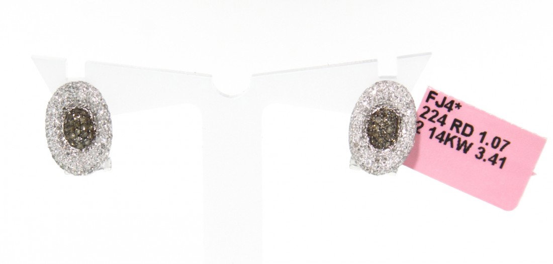 14KT White Gold 1.07ct Brown and White Diamond Earrings: "14KT White Gold 1.07ct Brown and White Diamond Earrings FJM396. Excellent Condition! FL394MU. 14KT white gold brown and white diamond earrings. The pair of earrings feature 224 brown and white round 