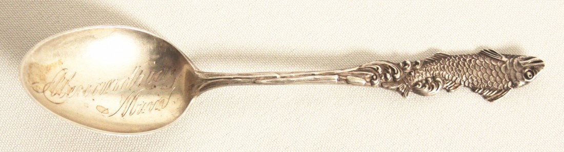 Antique Watson Sterling Souvenir Spoon Rare Fish Handle: "Antique Watson Sterling Souvenir Spoon Rare Fish Handle ED1142. Good Condition! HM11LS. Antique WATSON Sterling Souvenir spoon with figural FISH handle, front and back from Alexandria, Minn. It is 5-