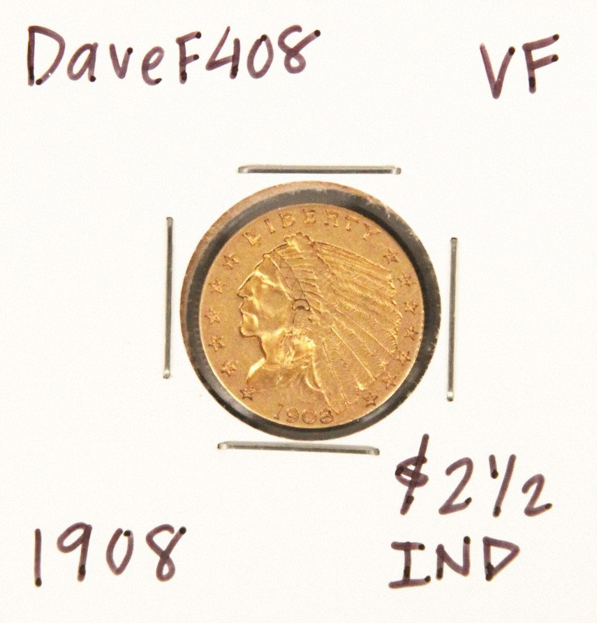 1908 $2-1/2 VF Indian Head Quarter Eagle Gold Coin Dave: "1908 $2-1/2 VF Indian Head Quarter Eagle Gold Coin DaveF408. As-Is Condition! KJ652SN. 1908 $2-1/2 VF Indian Head Quarter Eagle Gold Coin. Thank you for viewing this lot. We are always adding new inv