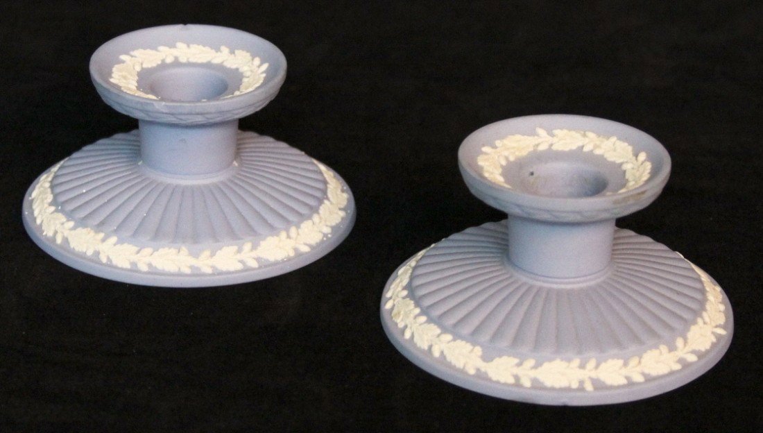 Wedgwood Blue Jasperware Candle Golder with Oak Leaf BD: "Wedgwood Blue Jasperware Candle Golder with Oak Leaf BD267. Great Condition! PT51QP. Elegant candle holder/candlestick from Wedgwood, England. The ground is classic Wedgwood blue, with the white bas-