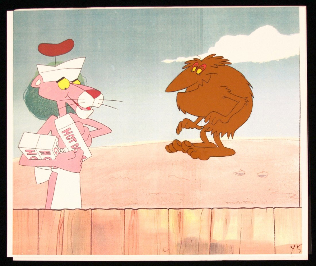 Pink Panther "Supporting Characters" Cartoon Cel and Dr: "Pink Panther "Supporting Characters" Cartoon Cel and Drawing PinkP59. As-Is Condition! ND61BK. An original "Supporting Characters" cartoon Cel from The Pink Panther films created by Friz Freleng and 