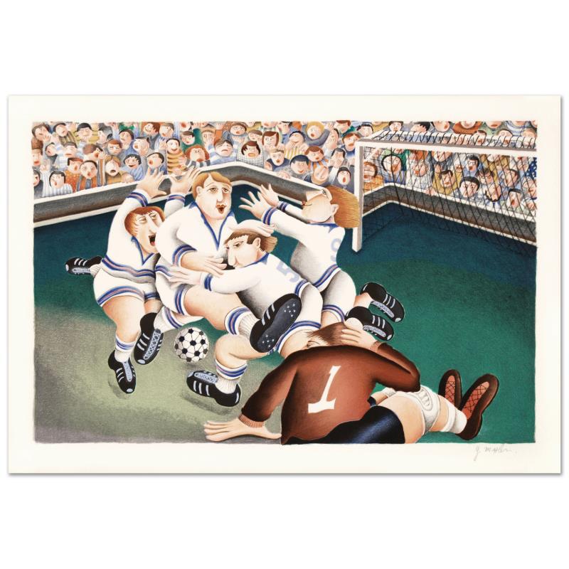 Soccer by Mahler, Yuval: Soccer by Mahler, Yuval. "Soccer" is a limited edition lithograph on paper by Yuval Mahler, numbered and hand signed by the artist. Includes Letter of Authenticity. Measures approx. 20" x 13" (image).