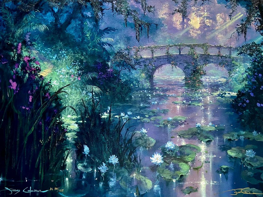 Silence of Night by James Coleman: California artist James Coleman's 26.5x20" giclee on stretched canvas is a dark & shadowy fantasy take-off on Monet's lily pond bridge