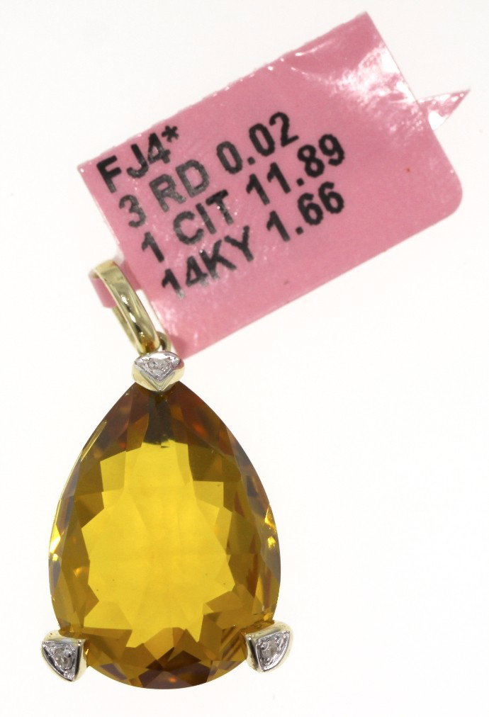 14KT Yellow Gold 11.89ct Citrine and Diamond Pendant FJ: 14KT Yellow Gold 11.89ct Citrine and Diamond Pendant FJM386. Excellent Condition! HM411BG. 14KT yellow gold citrine and diamond pendant. Features one pear cut citrine weighing 11.89cts and 3 round dia