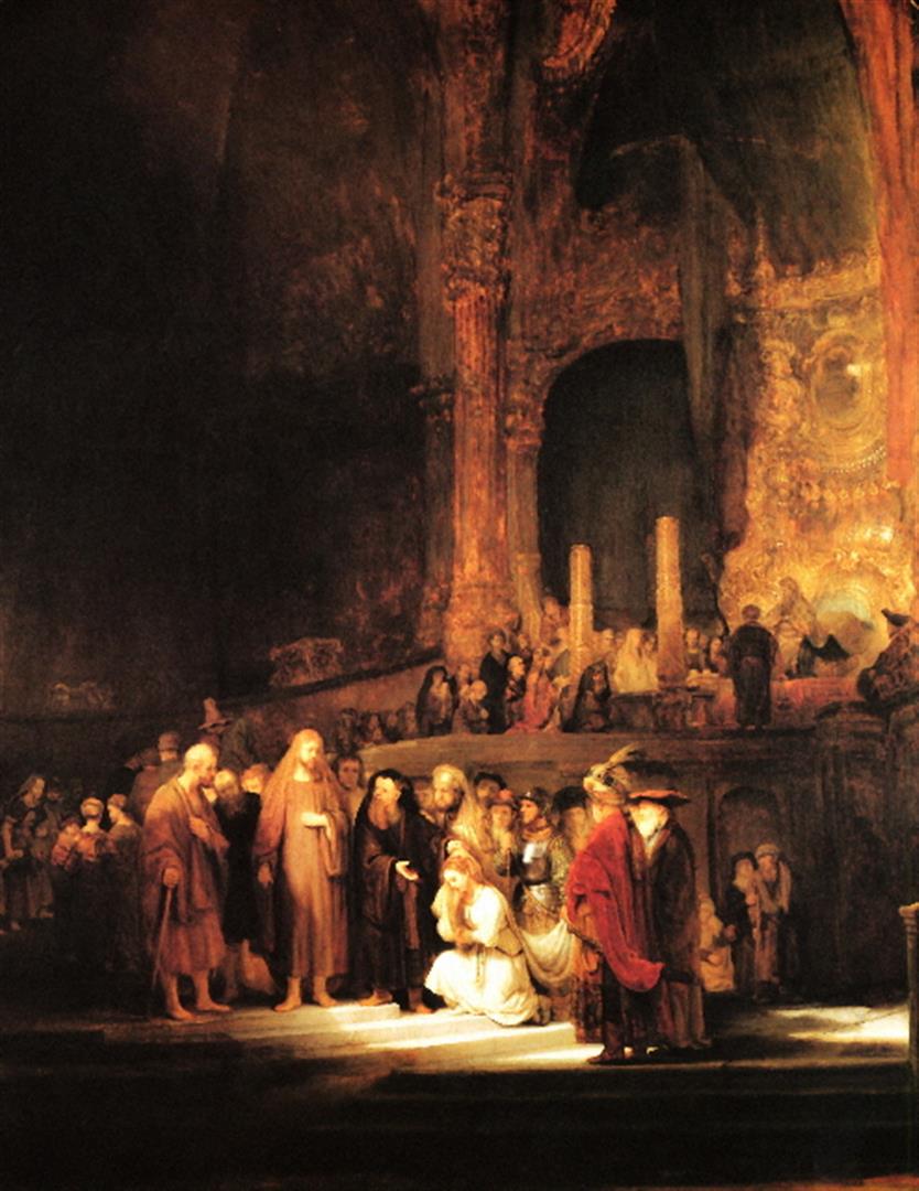 Rembrandt - Christ and the Adulteress: Artist: Rembrandt - Title: Christ and the Adulteress - Medium: Fine Art Giclee on Canvas - Image Size: Approximately 32 inches x 24.75 inches - Unframed on Unstretched Canvas - Details: - Biography: R