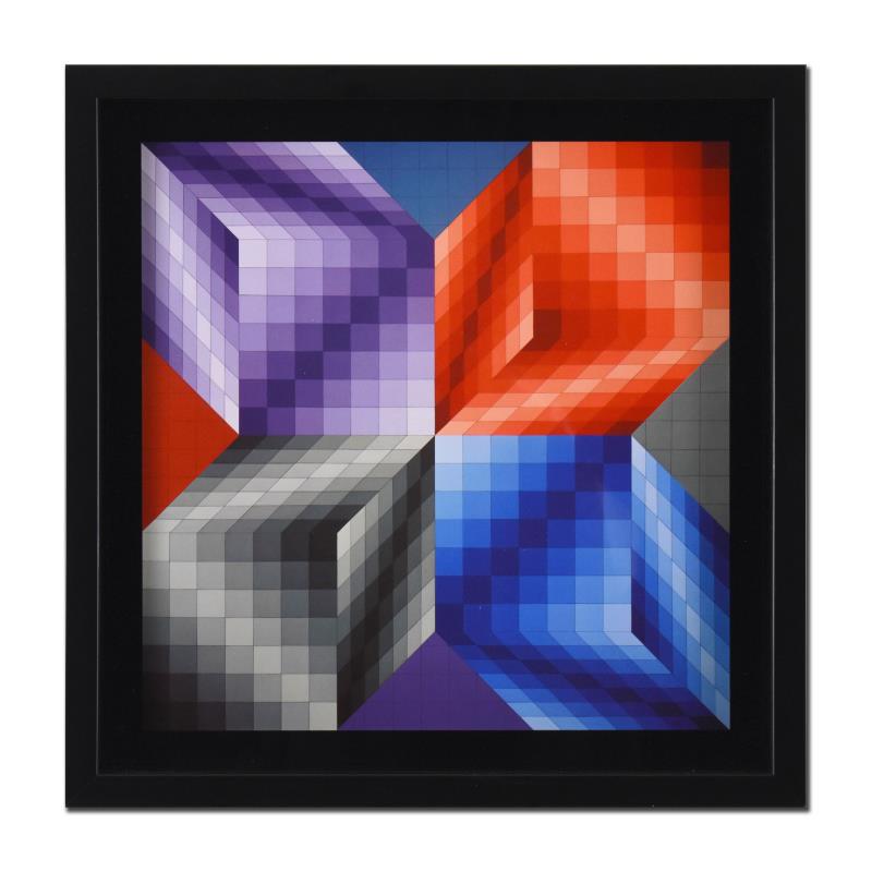 Kub-Stri by Vasarely (1908-1997): Kub-Stri by Vasarely (1908-1997). "Kub-Stri (1972)" is a heliogravure print on paper by Victor Vasarely (1908-1997). This piece comes custom framed. Includes Letter of Authenticity. Measures approx. 1
