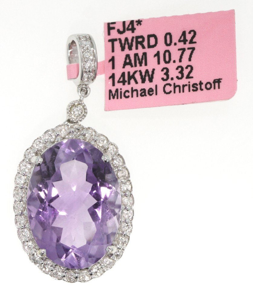 14KT White Gold 10.77ct Amethyst and Diamond Pendant FJ: "14KT White Gold 10.77ct Amethyst and Diamond Pendant FJM445. Excellent Condition! GX124MK. 14KT white gold amethyst and diamond pendant. Features one amethyst weighing 10.77cts and round diamonds wei