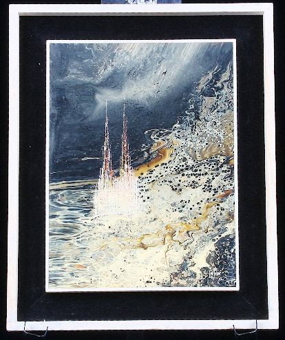 Vintage Surrealist Painting by Latin American Mid-Centu: "Vintage Surrealist Painting by Latin American Mid-Century Modern Artist Castros. ED374 Excellent Vintage Condition! JH592TR. This Mid-Century Modern Painting is done on Porcelain/Enamel. Signed lower