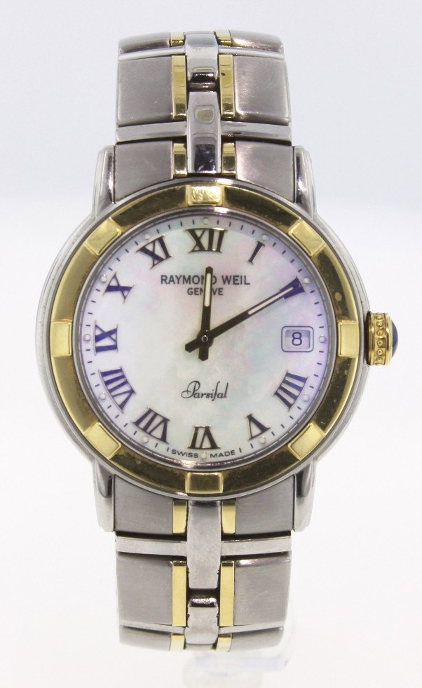 Raymond Weil Parsifal Two Tone Quartz Watch WBS51: "Raymond Weil Parsifal Two Tone Quartz Watch WBS51. Excellent Condition! JB103DN. This is one vintage men's Raymond Weil Parsifal Stainless Steel and 18KT yellow gold wristwatch, Model 9540-STG-00908.