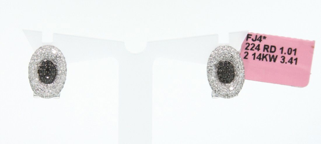 14KT White Gold 1.01ct Black and White Sapphire Earring: "14KT White Gold 1.01ct Black and White Sapphire Earrings FJM617. Excellent Condition! HE184AP. One 14KT white gold black and white diamond earrings with a French clip back. The pair of earrings featu
