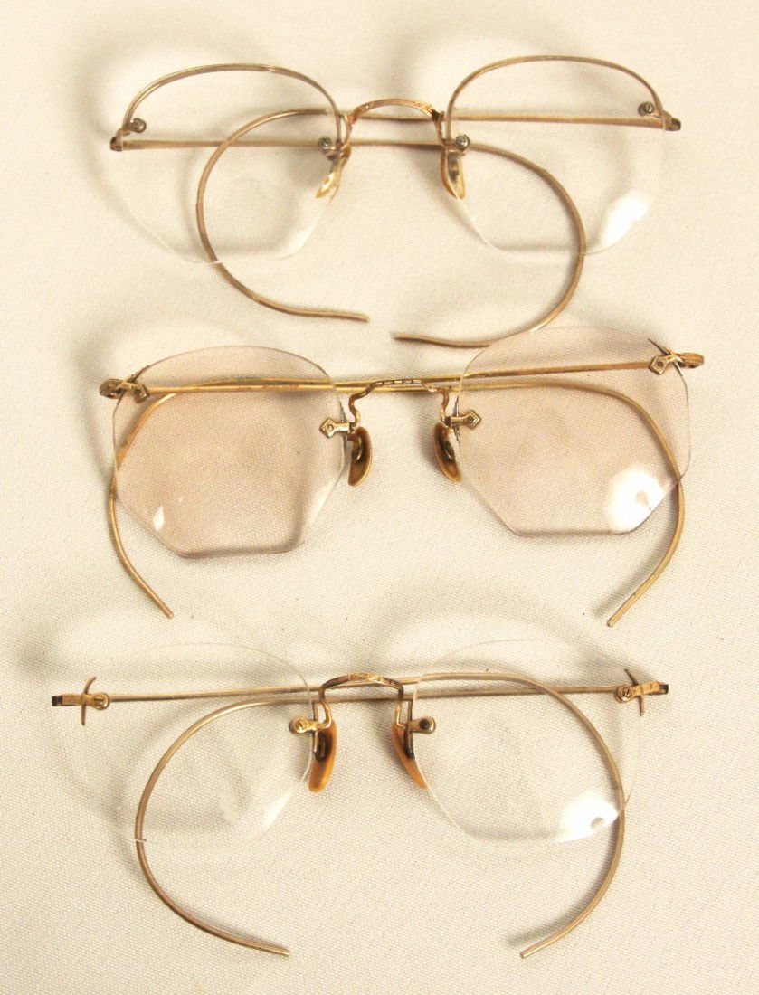 Lot of 3 Vintage/Antique Eyeglasses ED1184: "Lot of 3 Vintage/Antique Eyeglasses ED1184. Good Condition! UN12YA. This is a lot of 3 vintage/antique bifocal eyeglasses. Very ornate at the nose, stem designs. 12KT gold filled stamped on inside of