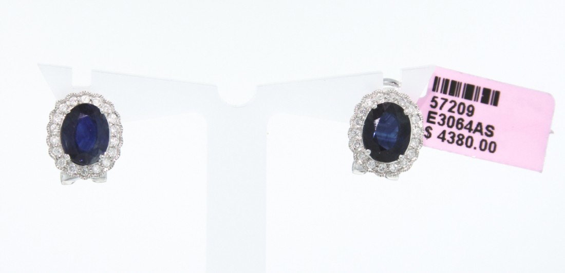 14KT White Gold 4.23ct Sapphire and Diamond Earrings FJ: 14KT White Gold 4.23ct Sapphire and Diamond Earrings FJM618. Excellent Condition! CD834LU. One 14KT white gold Michael Christoff sapphire and diamond earrings with a French clip back. The pair of earr