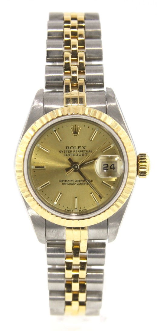 Lady Rolex Two-Tone DateJust Wristwatch ML19: Lady Rolex Two-Tone DateJust Wristwatch ML19. Great Condition! AT6651QN. One ladies, hand crafted and machine milled Rolex DateJust Model stainless steel and 18KT yellow gold wristwatch electronically