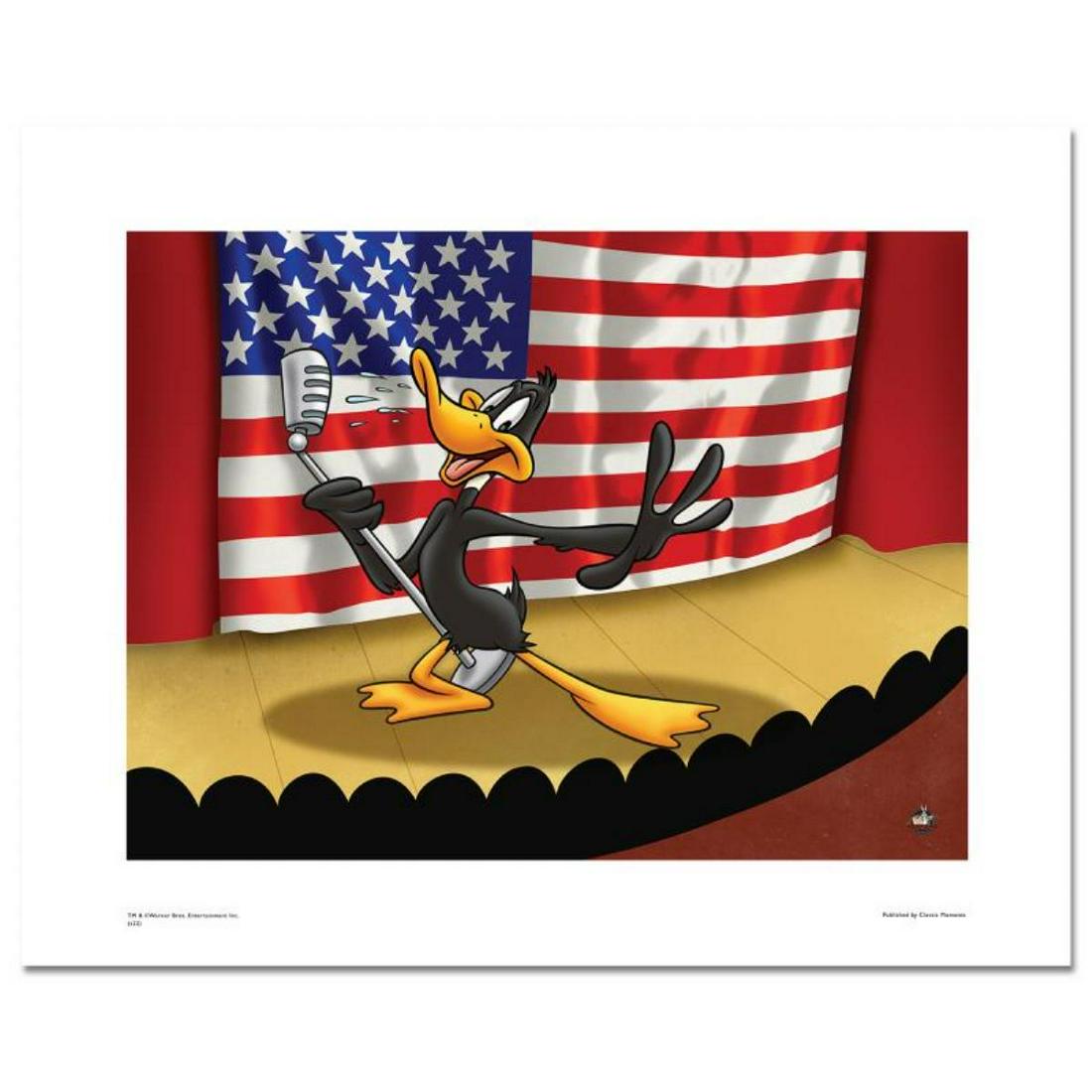 Daffy Patriotic (Stage) by Looney Tunes: Daffy Patriotic (Stage) by Looney Tunes. "Daffy Patriotic (Stage)" is a licensed limited edition giclee on paper featuring the classic Looney Tunes character Daffy Duck. It comes numbered, with hologr