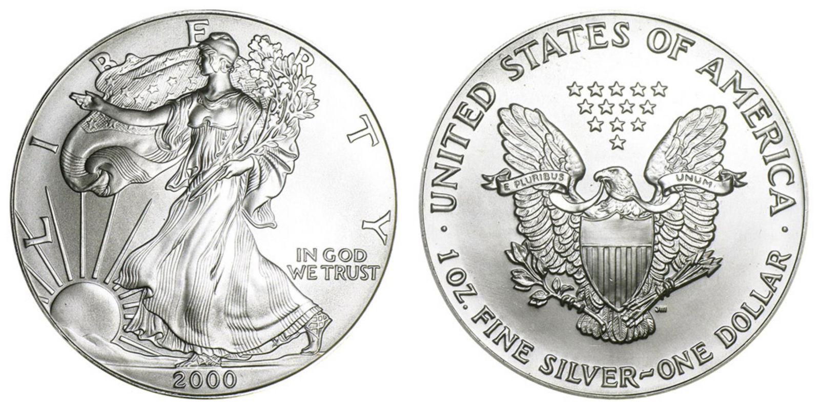 2000 American Silver Eagle .999 Fine Silver Dollar Coin: One 2000 American Silver Eagle .999 Fine Silver Dollar Coin. A great addition to any beginner or advanced coin collector's collection!
