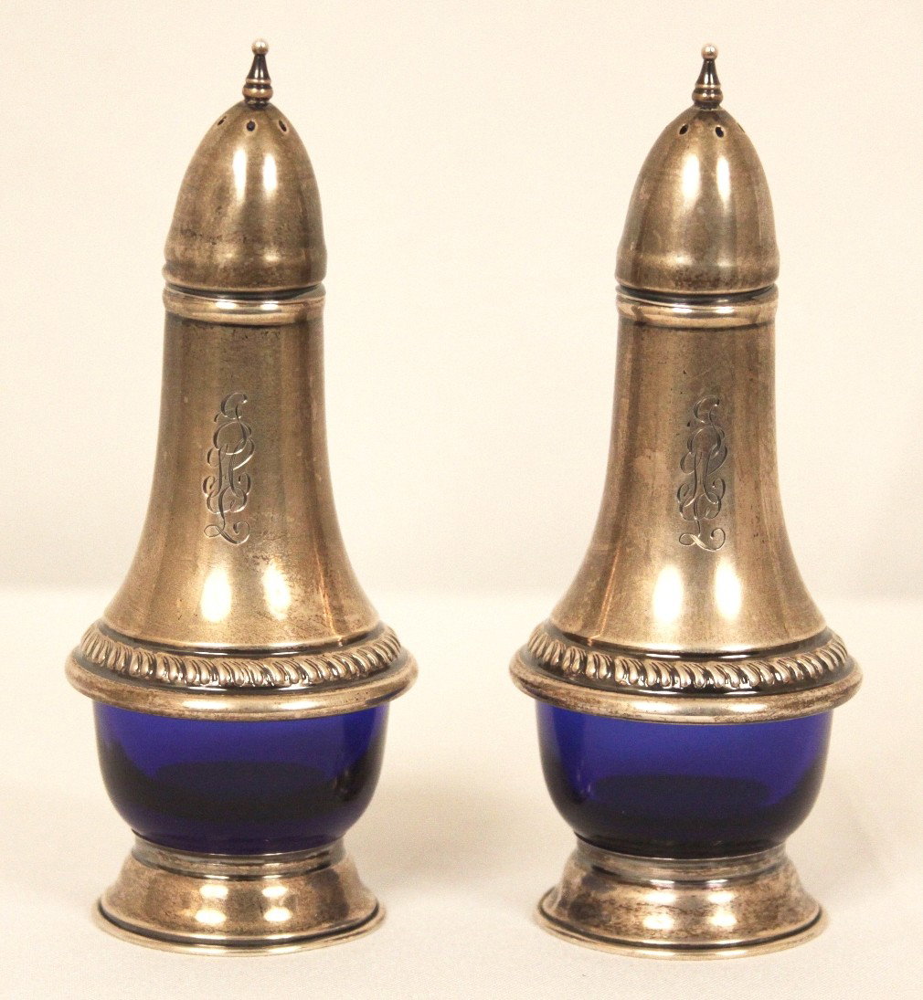 Antique Sterling and Cobalt Glass Salt and Pepper Shake: "Antique Sterling and Cobalt Glass Salt and Pepper Shakers ED1198. Good Condition! DS15GV. This is a gorgeous pair of sterling silver and cobalt glass salt and pepper shakers manufactured by Weidlich 