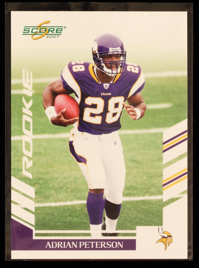 2007 Score Adrian Peterson Rookie Card C294: "2007 Score Adrian Peterson Rookie Card C294. As-Is Condition! JO11WF. One 2007 Score Adrian Peterson Rookie Card #341. Team: Minnesota Vikings. Thank you for viewing this lot. We are always adding ne