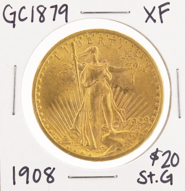 1908 $20 XF St. Gaudens Double Eagle Gold Coin GC1879: "1908 $20 XF St. Gaudens Double Eagle Gold Coin GC1879. As-Is Condition! RB6581AY. 1908 $20 XF St. Gaudens Double Eagle Gold Coin. Thank you for viewing this lot! We are always adding new inventory an