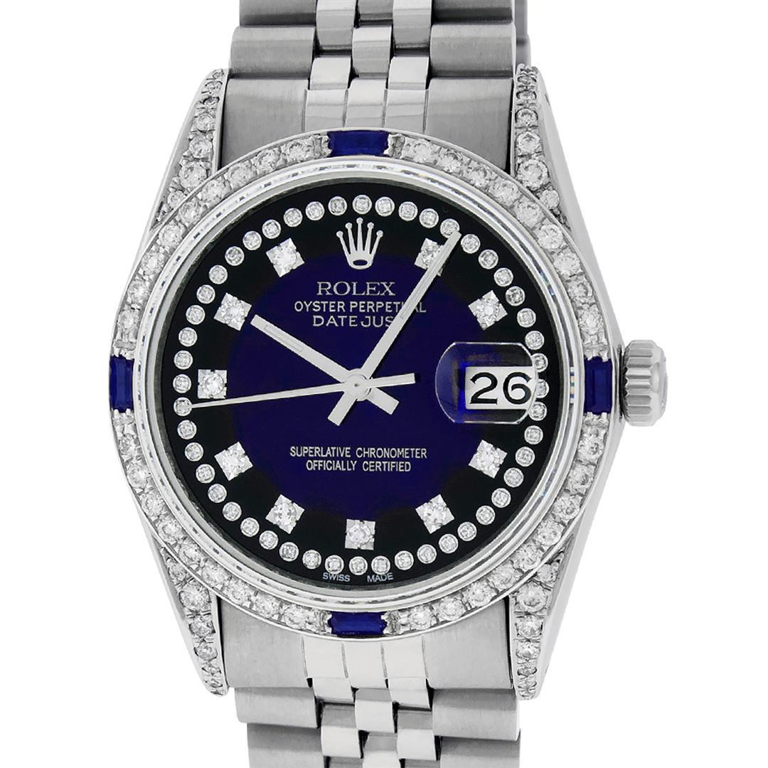 Rolex Mens Stainless Steel Diamond Lugs Blue Vignette & Sapphire Datejust Wristw: One Mens Pre Owned Rolex Datejust Polished Bright with Satin Finish, Serviced & Electronically Tested, Rolex Stainless Steel Case: 36mm, Custom Diamond Lugs: 28 Diamonds In Lugs, Color: G to H, Clarit