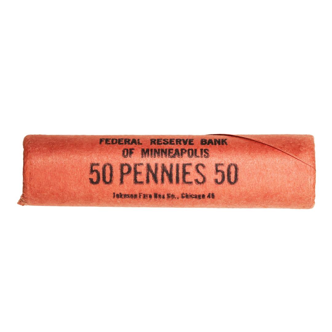 Roll of (50) Federal Reserve Bank of Minneapolis Lincoln Wheat Pennies: One Roll of (50) Federal Reserve Bank of Minneapolis Lincoln Wheat Pennies.