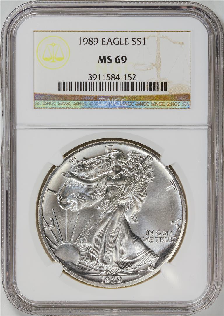 1989 American Silver Eagle .999 Fine Silver Dollar Coin NGC MS69: One 1989 American Silver Eagle .999 Fine Silver Dollar Coin NGC MS69.