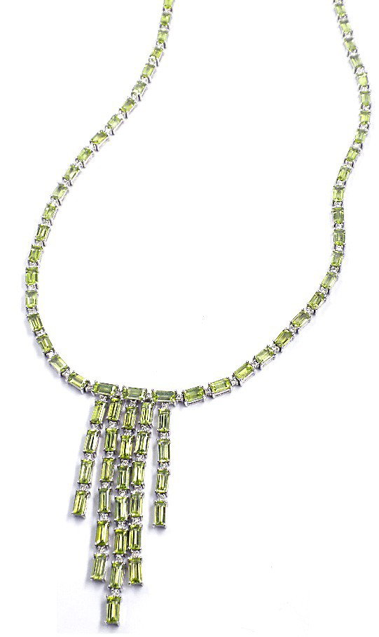 14KT White Gold 27.58ct Peridot and Diamond Necklace FJ: "14KT White Gold 27.58ct Peridot and Diamond Necklace FJM683. New Condition! RX1371BV. One electronically tested 14KT white gold ladies cast and assembled peridot and diamond necklace with a bright po