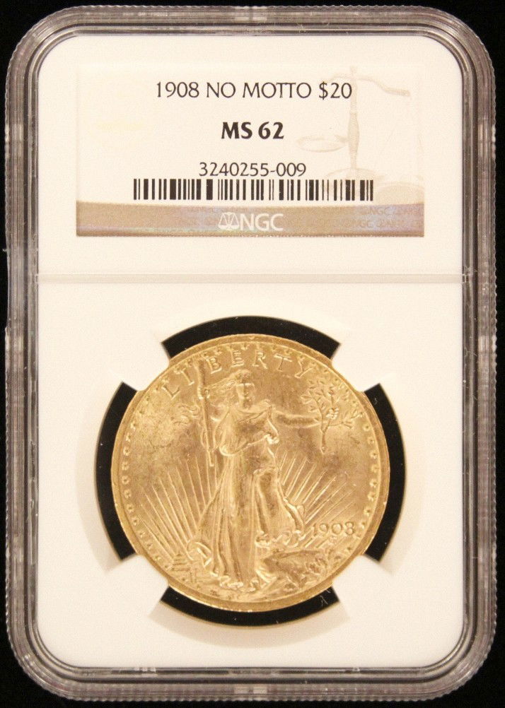 1908 $20 NGC MS62 No Motto St. Gaudens Double Eagle Gol: 1908 $20 NGC MS62 No Motto St. Gaudens Double Eagle Gold Coin DaveF557. As-Is Condition! DN6981CT. 1908 $20 NGC MS62 No Motto St. Gaudens Double Eagle Gold Coin. Thank you for viewing this lot! We are