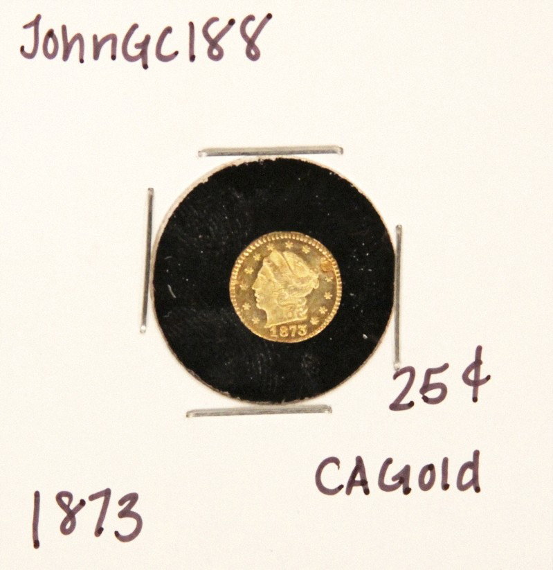 1873 25 Cent CA Gold Coin JohnGC188: 1873 25 Cent CA Gold Coin JohnGC188. As-Is Condition! QU101AH. 1873 25 Cent CA Gold Coin. Thank you for viewing this lot. We are always adding new inventory and new auctions, so check back often. We a
