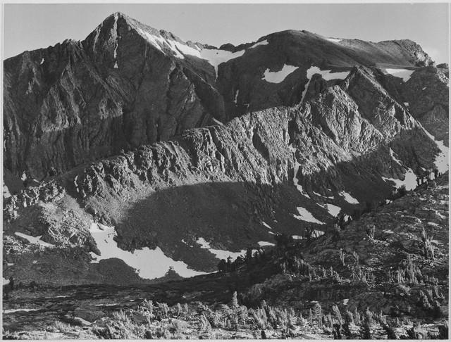 Adams - Peak above Woody Lake, Kings River Canyon: Artist: Ansel Adams - Title: Peak above Woody Lake, Kings River Canyon - Medium: Fine Art Reproduction Giclee on Canvas - Image Size: Approximately 24.25 inches x 32 inches - Unframed on Unstretched C