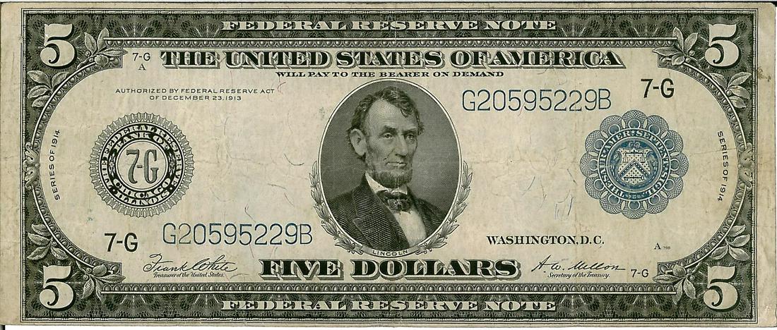 1914 $5 Federal Reserve Bank Note: One 1914 $5 Federal Reserve Bank Note. The serial number is 20595229.